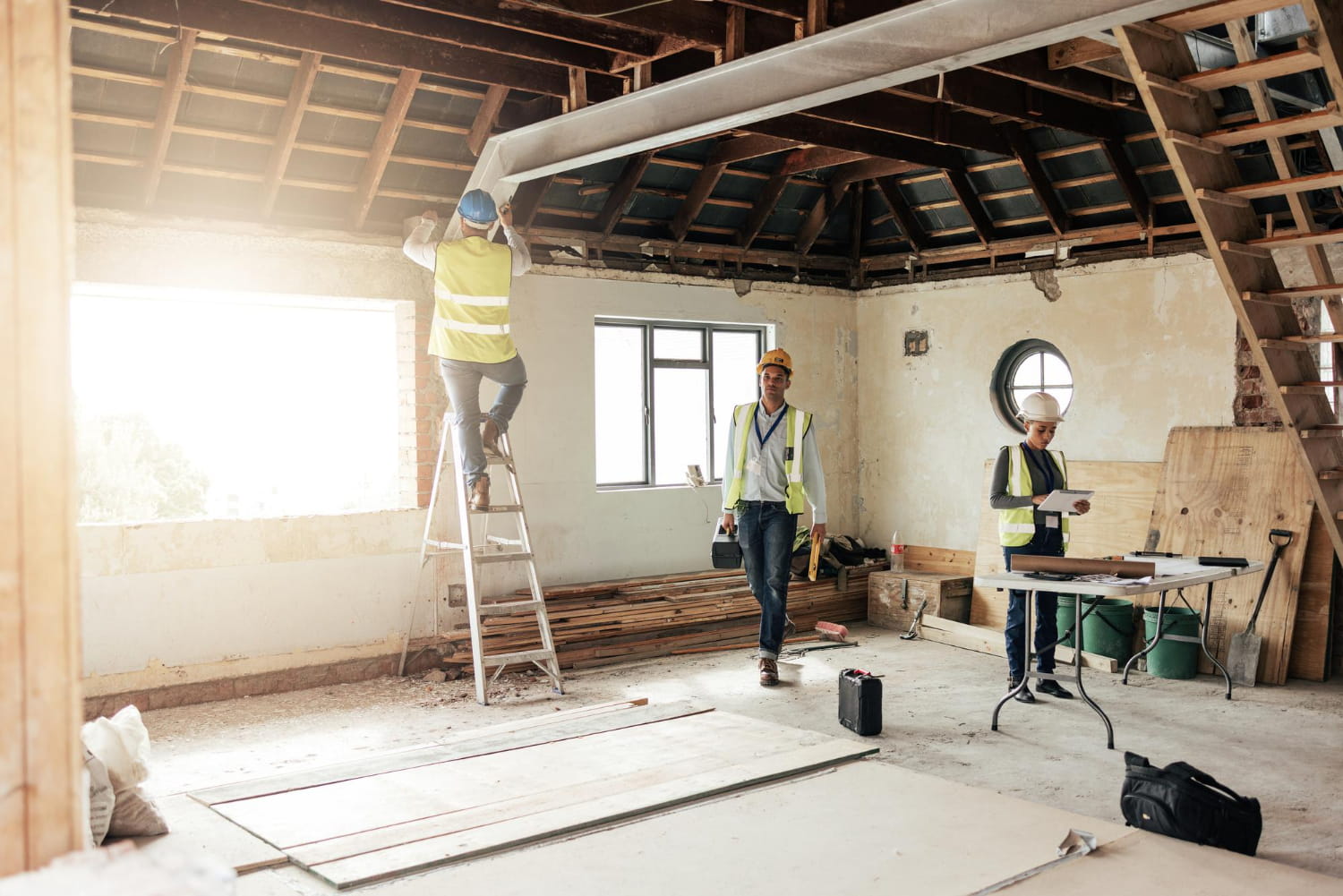 Site inspector wearing a safety helmet and high-visibility vest conducting a property assessment during a renovation project in London.